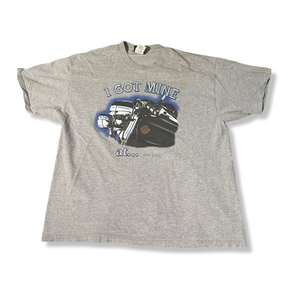 VTG Made In USA Harley Davidson I Got Mine At.. Graphic T-shirt Size XL Y2K Grey